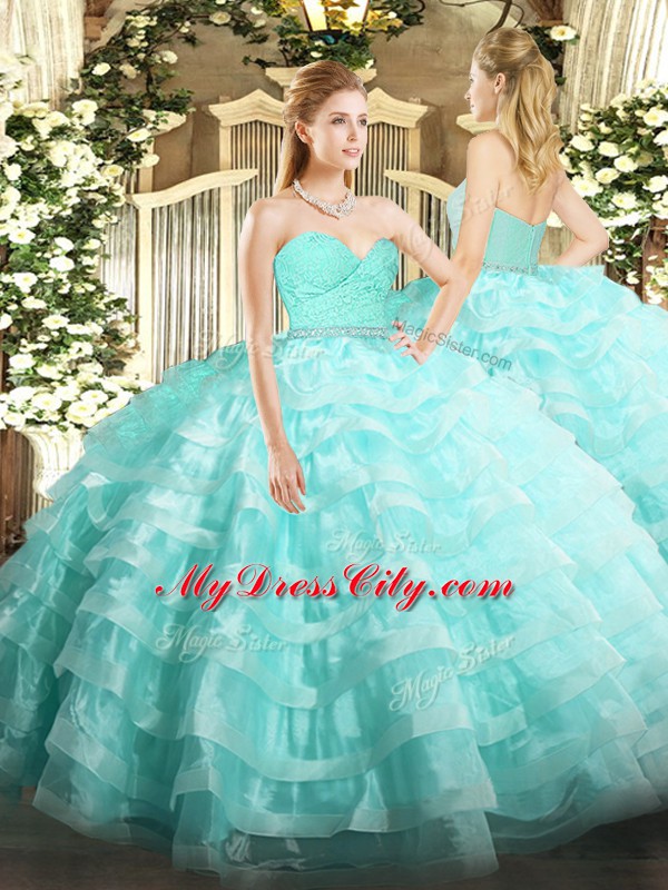 Vintage Aqua Blue Sweetheart Neckline Beading and Lace and Ruffled Layers 15th Birthday Dress Sleeveless Zipper