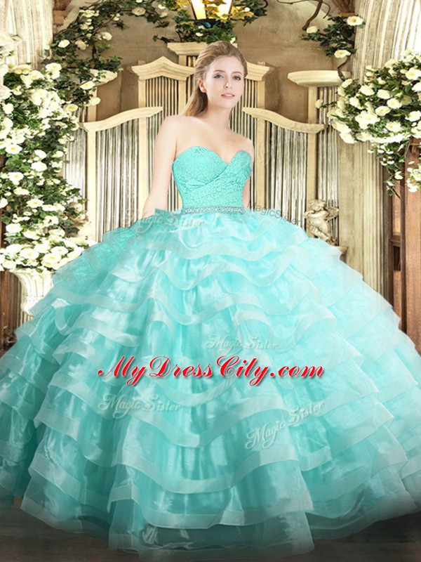 Vintage Aqua Blue Sweetheart Neckline Beading and Lace and Ruffled Layers 15th Birthday Dress Sleeveless Zipper