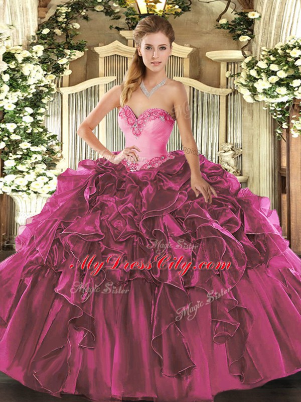 Best Selling Fuchsia Ball Gowns Organza Sweetheart Sleeveless Beading and Ruffles Floor Length Lace Up Quinceanera Gowns