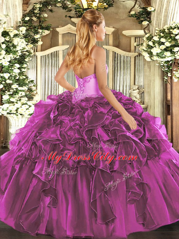 Best Selling Fuchsia Ball Gowns Organza Sweetheart Sleeveless Beading and Ruffles Floor Length Lace Up Quinceanera Gowns