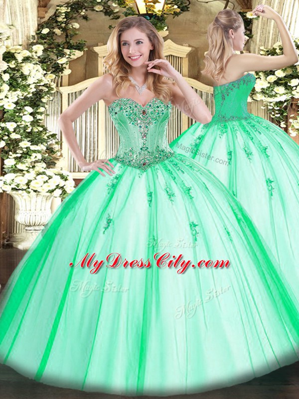 Dramatic Apple Green Ball Gowns Sweetheart Sleeveless Tulle Floor Length Lace Up Beading and Appliques Sweet 16 Quinceanera Dress