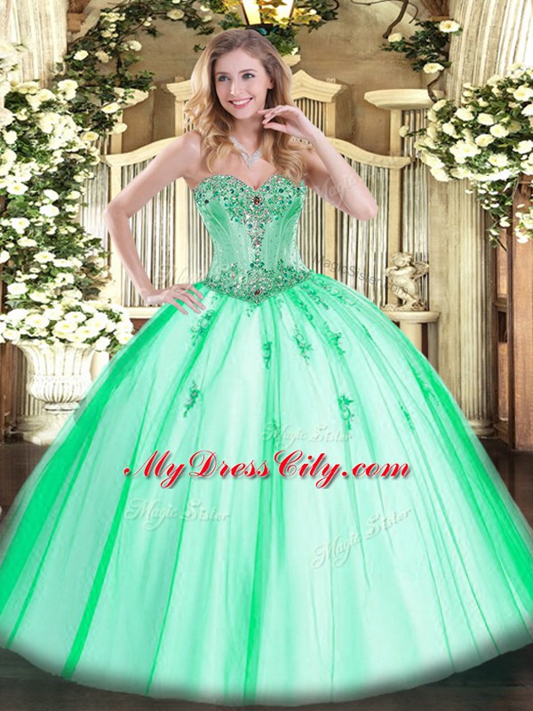 Dramatic Apple Green Ball Gowns Sweetheart Sleeveless Tulle Floor Length Lace Up Beading and Appliques Sweet 16 Quinceanera Dress