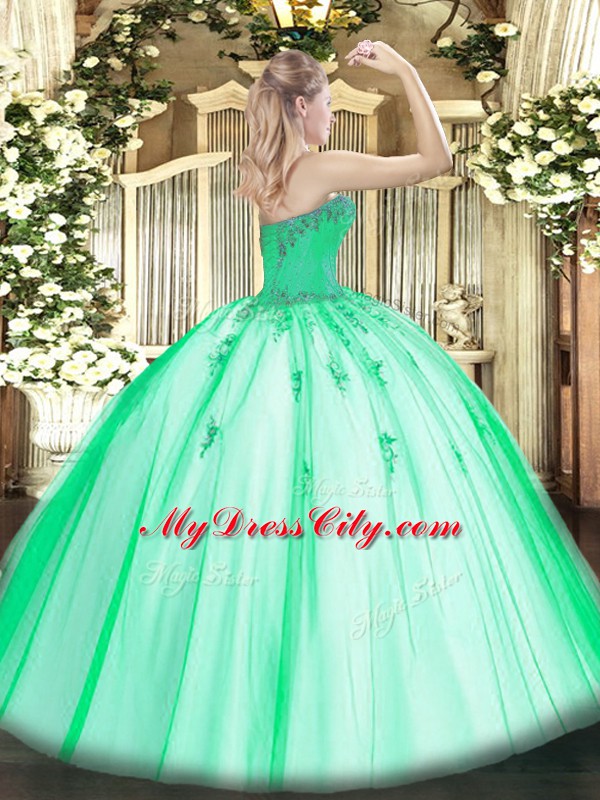 Dramatic Apple Green Ball Gowns Sweetheart Sleeveless Tulle Floor Length Lace Up Beading and Appliques Sweet 16 Quinceanera Dress