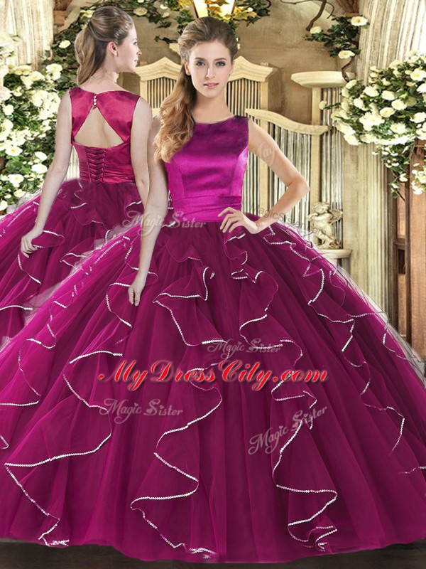 Free and Easy Sleeveless Tulle Floor Length Lace Up Ball Gown Prom Dress in Fuchsia with Ruffles