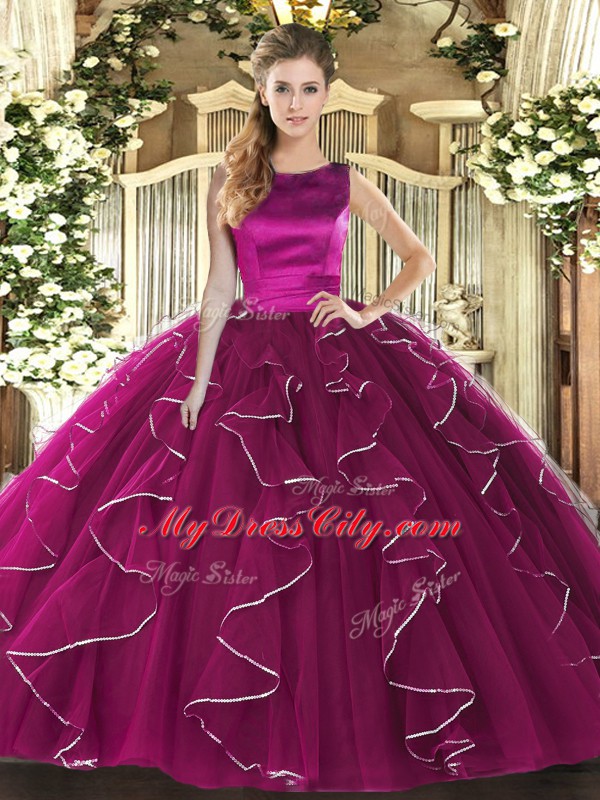 Free and Easy Sleeveless Tulle Floor Length Lace Up Ball Gown Prom Dress in Fuchsia with Ruffles