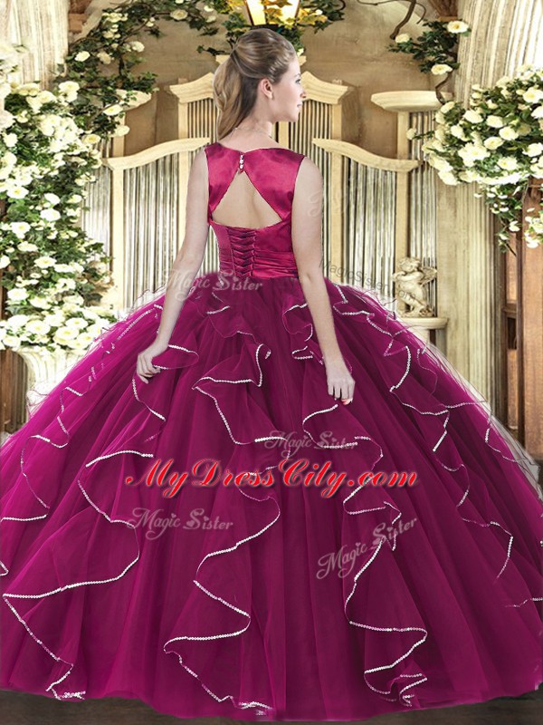 Free and Easy Sleeveless Tulle Floor Length Lace Up Ball Gown Prom Dress in Fuchsia with Ruffles