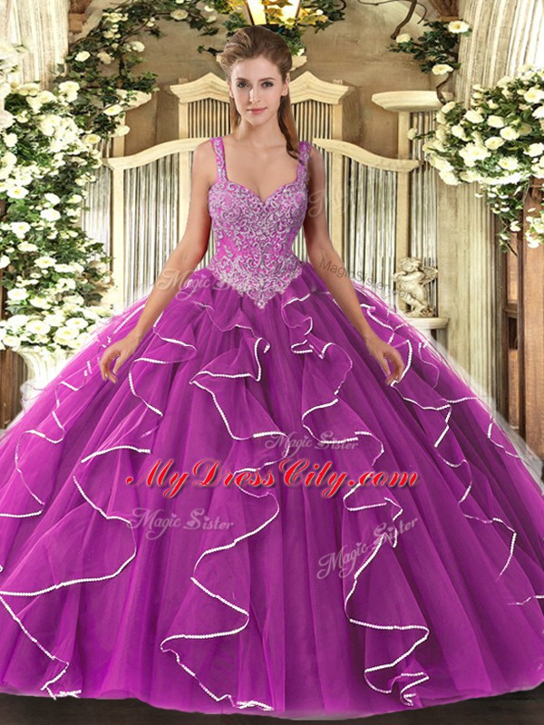 Fuchsia Sleeveless Tulle Lace Up Sweet 16 Quinceanera Dress for Military Ball and Sweet 16 and Quinceanera