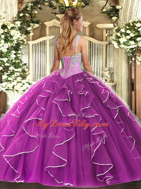 Fuchsia Sleeveless Tulle Lace Up Sweet 16 Quinceanera Dress for Military Ball and Sweet 16 and Quinceanera