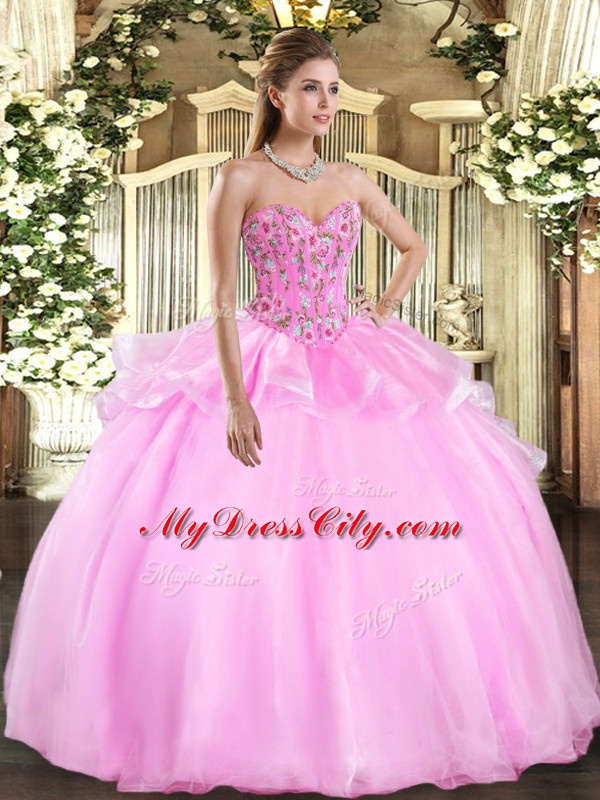 Fancy Sweetheart Sleeveless Organza and Tulle Quinceanera Gowns Embroidery Lace Up