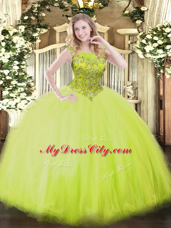 Ball Gowns Quinceanera Dresses Yellow Green Scoop Tulle Sleeveless Floor Length Zipper