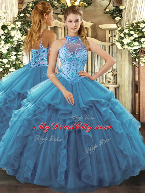 Chic Teal Sleeveless Floor Length Beading and Ruffles Lace Up Quinceanera Dress