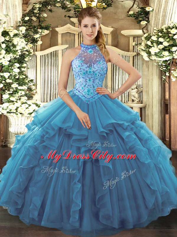 Chic Teal Sleeveless Floor Length Beading and Ruffles Lace Up Quinceanera Dress