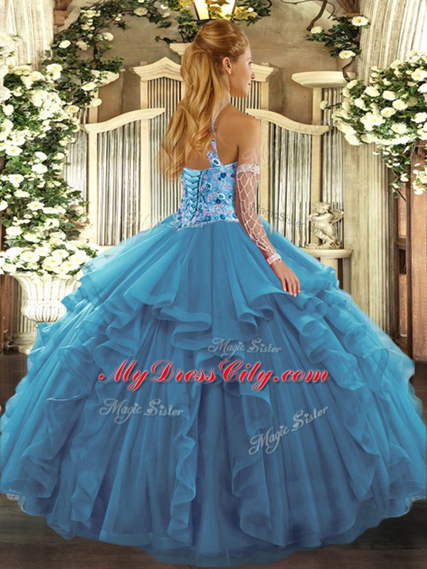 Chic Teal Sleeveless Floor Length Beading and Ruffles Lace Up Quinceanera Dress