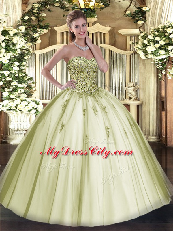 Custom Design Ball Gowns Sweet 16 Dresses Olive Green Sweetheart Tulle Sleeveless Floor Length Lace Up