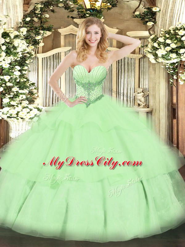 Custom Fit Yellow Green Sweetheart Neckline Beading and Ruffled Layers Quinceanera Gown Sleeveless Lace Up