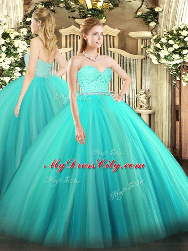 Superior Turquoise Sweetheart Zipper Beading and Lace Quinceanera Dress Sleeveless