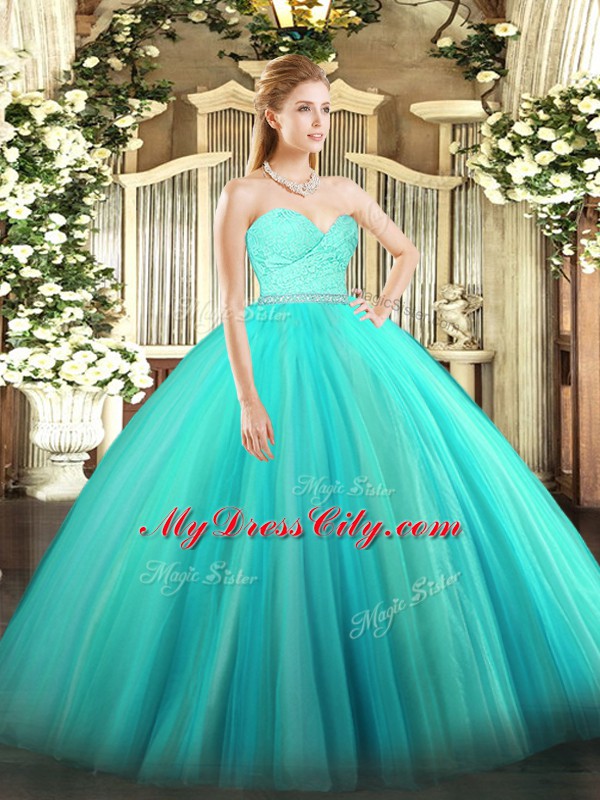 Superior Turquoise Sweetheart Zipper Beading and Lace Quinceanera Dress Sleeveless