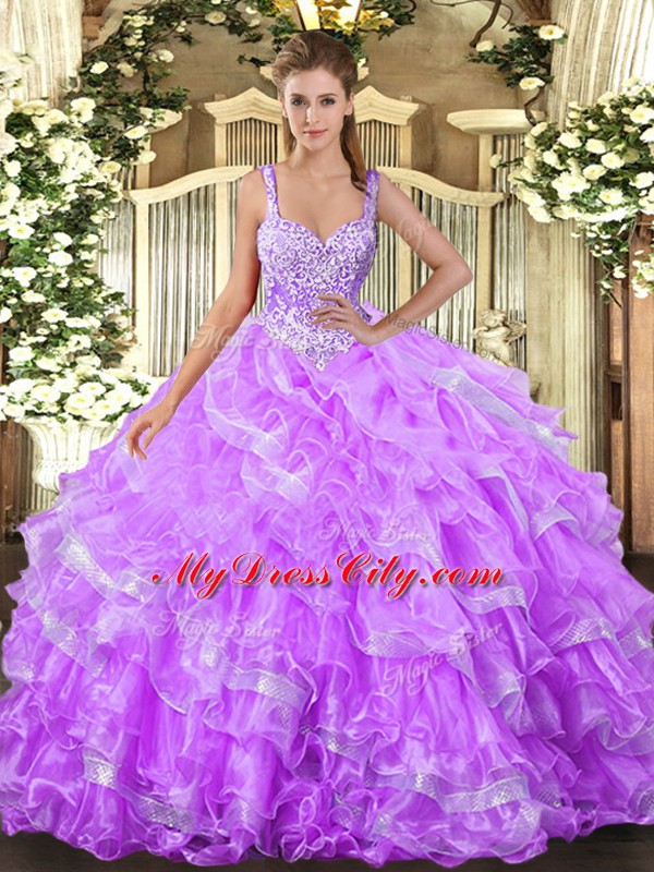 Modest Straps Sleeveless Organza Quinceanera Gowns Beading and Ruffled Layers Lace Up