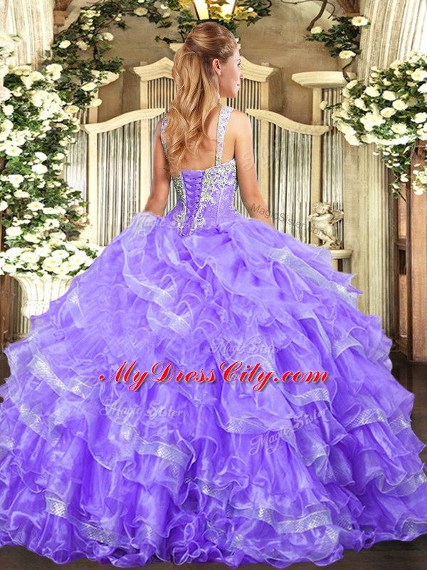 Modest Straps Sleeveless Organza Quinceanera Gowns Beading and Ruffled Layers Lace Up