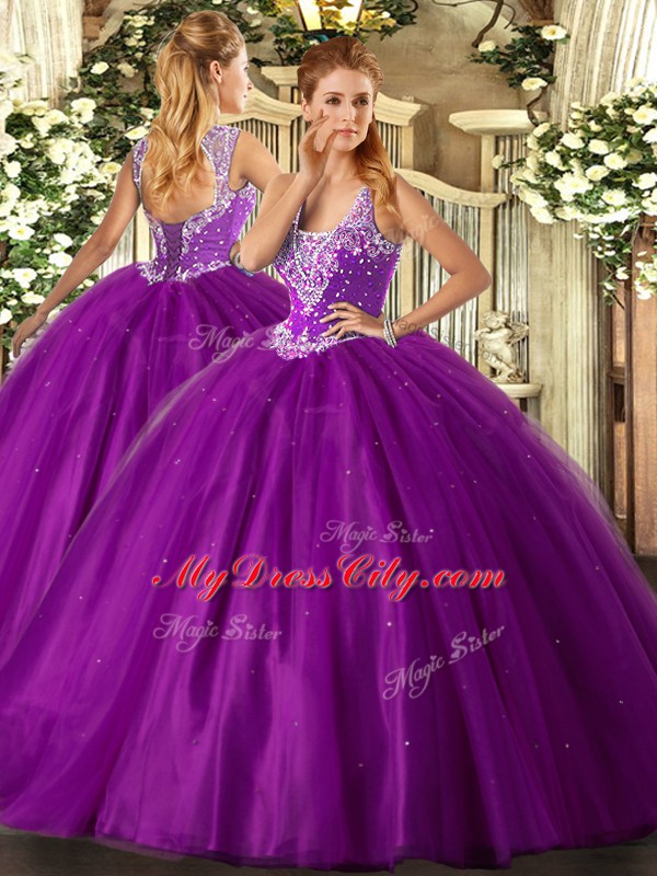 Popular Purple Ball Gowns Straps Sleeveless Tulle Floor Length Lace Up Beading Quinceanera Dress