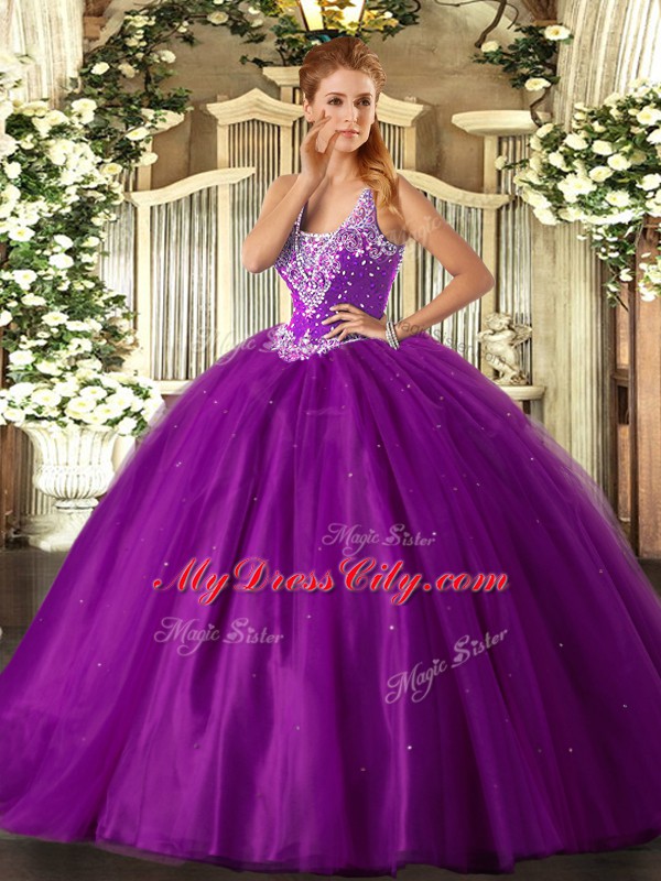 Popular Purple Ball Gowns Straps Sleeveless Tulle Floor Length Lace Up Beading Quinceanera Dress