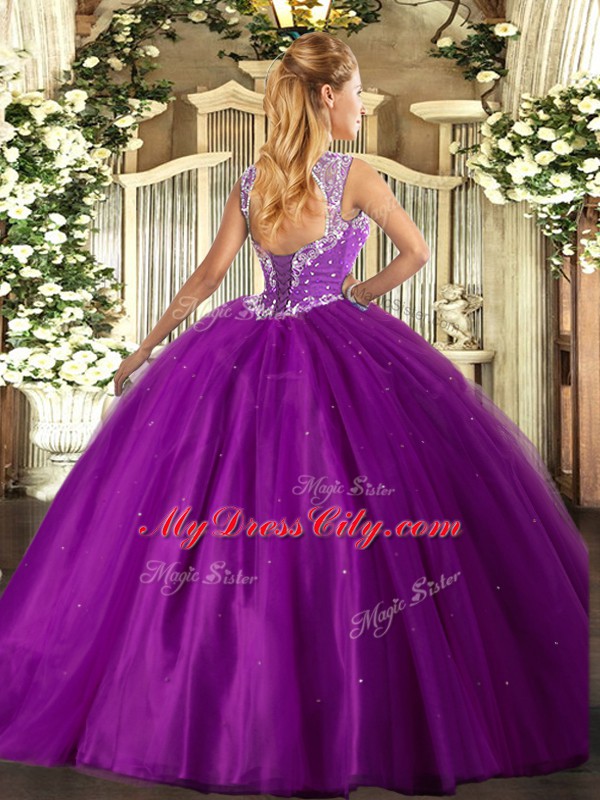 Popular Purple Ball Gowns Straps Sleeveless Tulle Floor Length Lace Up Beading Quinceanera Dress