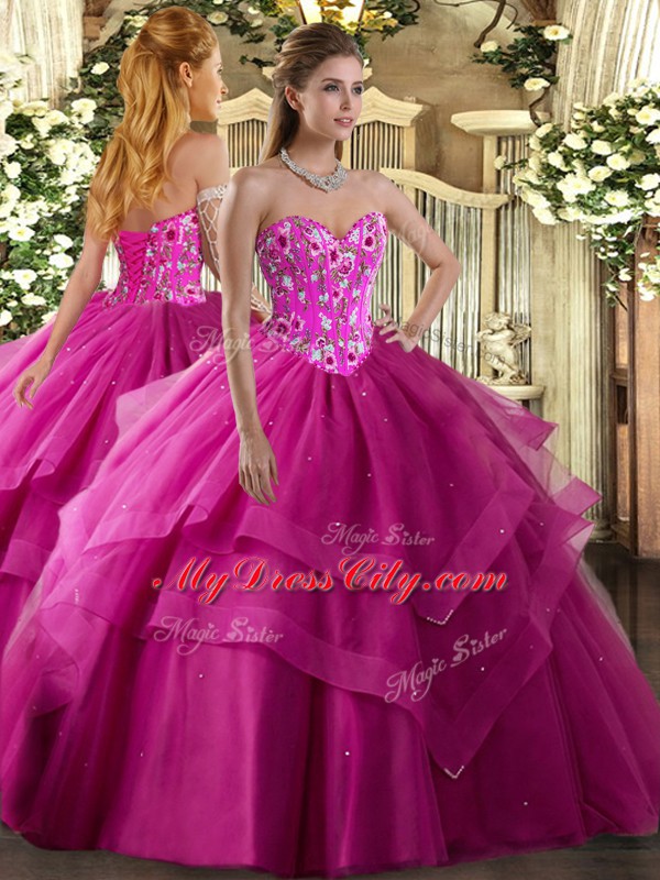 Most Popular Fuchsia Ball Gowns Tulle Sweetheart Sleeveless Embroidery and Ruffled Layers Floor Length Lace Up Vestidos de Quinceanera