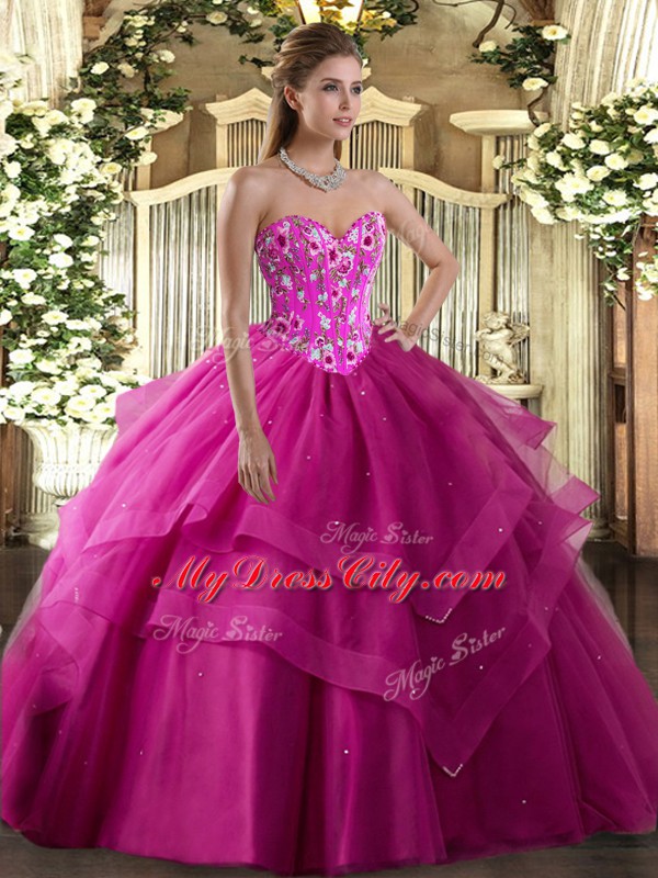 Most Popular Fuchsia Ball Gowns Tulle Sweetheart Sleeveless Embroidery and Ruffled Layers Floor Length Lace Up Vestidos de Quinceanera