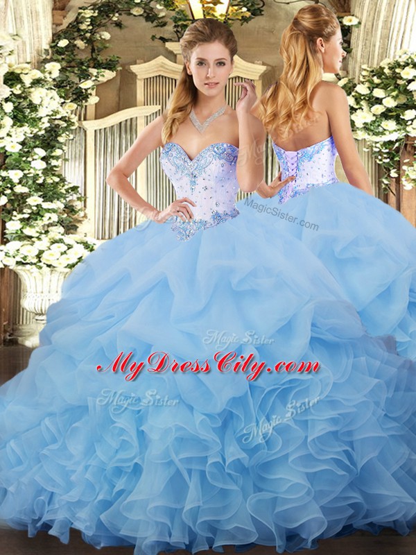 Stylish Blue Lace Up Vestidos de Quinceanera Beading and Ruffles and Pick Ups Sleeveless