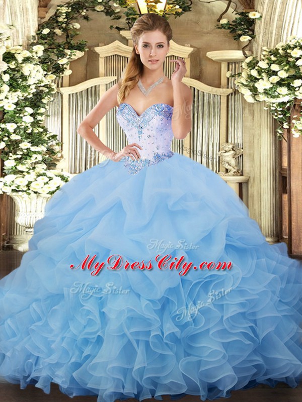 Stylish Blue Lace Up Vestidos de Quinceanera Beading and Ruffles and Pick Ups Sleeveless