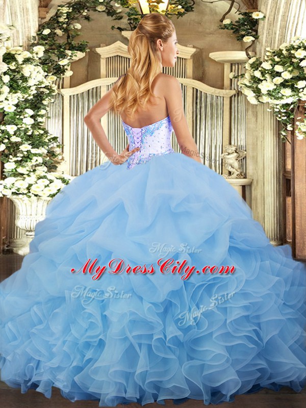 Stylish Blue Lace Up Vestidos de Quinceanera Beading and Ruffles and Pick Ups Sleeveless