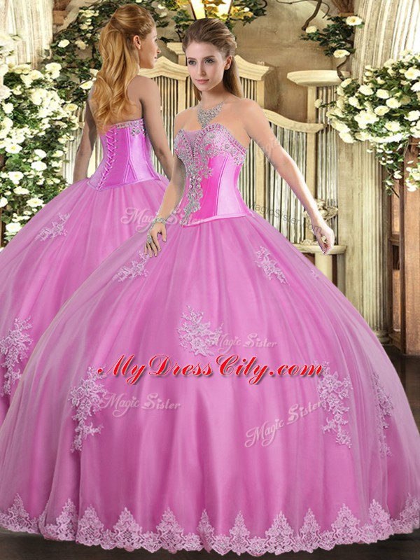 Decent Rose Pink Sweetheart Lace Up Beading and Appliques Quince Ball Gowns Sleeveless