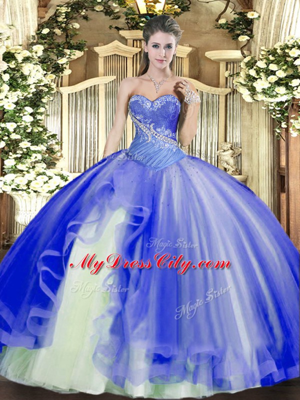 Ideal Floor Length Blue Quinceanera Gown Tulle Sleeveless Beading and Ruffles