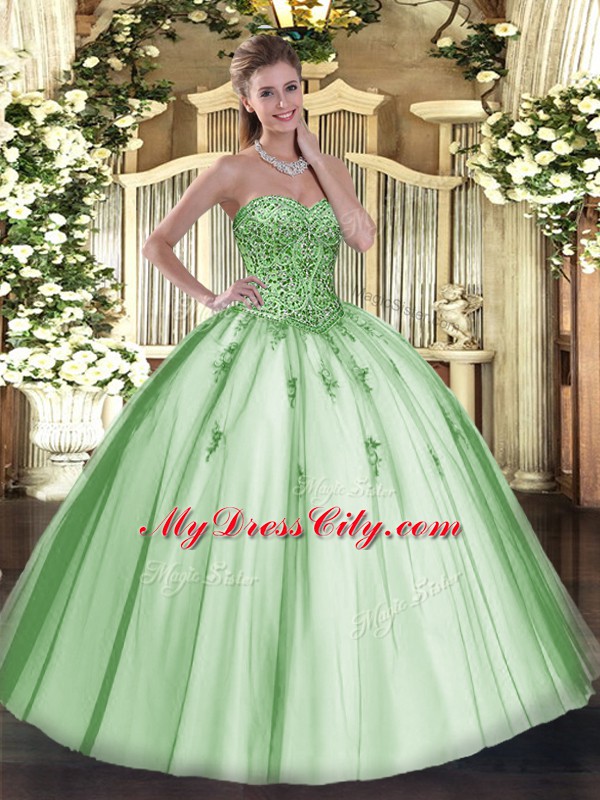 Captivating Apple Green Sleeveless Floor Length Beading and Appliques Lace Up Quinceanera Dresses