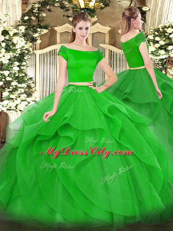 Clearance Tulle Off The Shoulder Short Sleeves Zipper Appliques and Ruffles Quinceanera Gown in Green