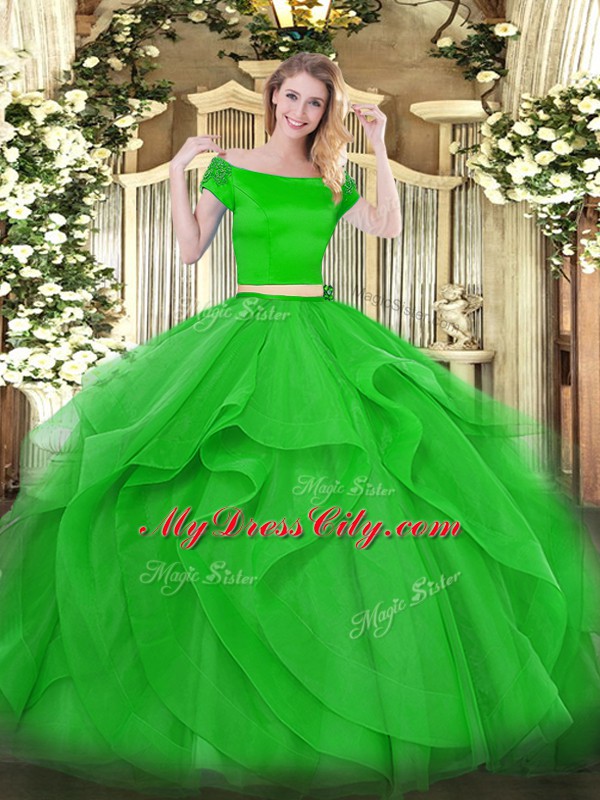 Clearance Tulle Off The Shoulder Short Sleeves Zipper Appliques and Ruffles Quinceanera Gown in Green