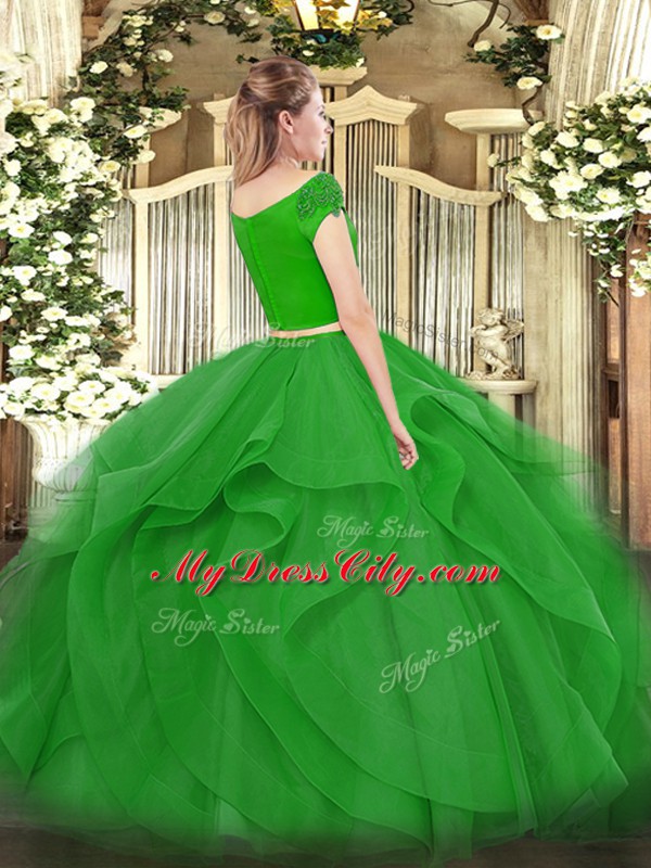 Clearance Tulle Off The Shoulder Short Sleeves Zipper Appliques and Ruffles Quinceanera Gown in Green