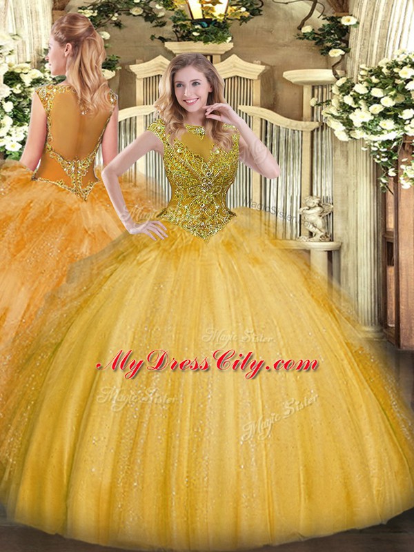 Gold Tulle Zipper Quinceanera Dresses Sleeveless Floor Length Beading and Ruffles