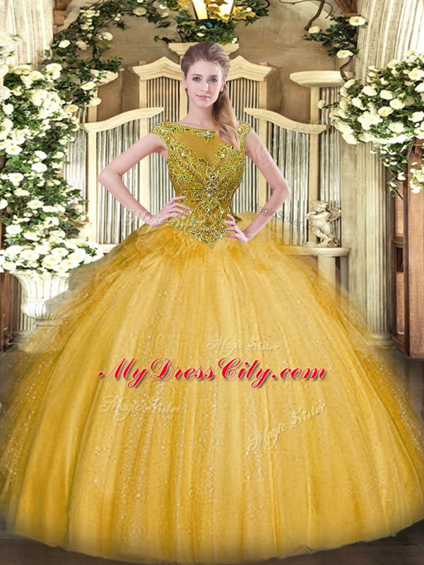 Gold Tulle Zipper Quinceanera Dresses Sleeveless Floor Length Beading and Ruffles