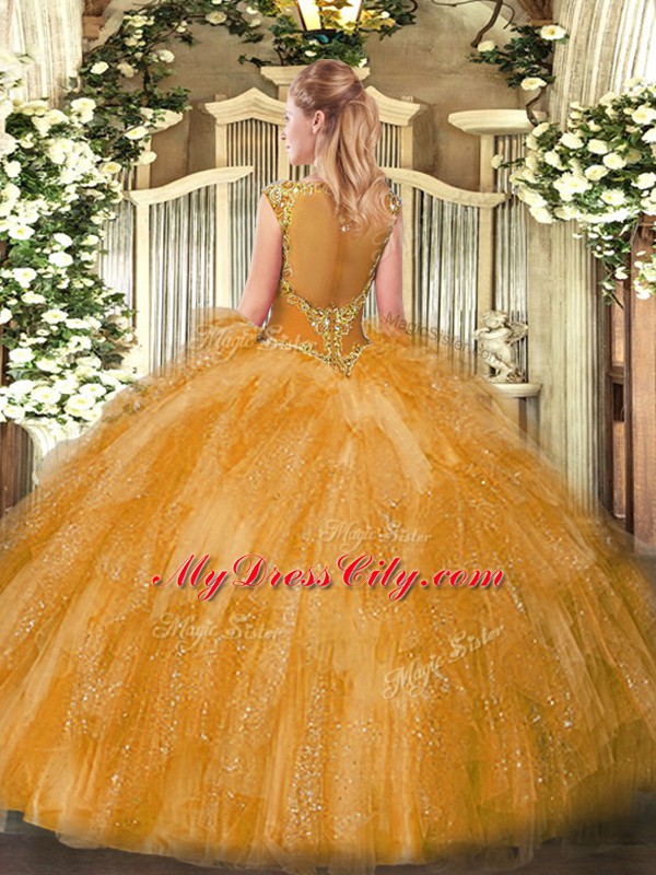 Gold Tulle Zipper Quinceanera Dresses Sleeveless Floor Length Beading and Ruffles