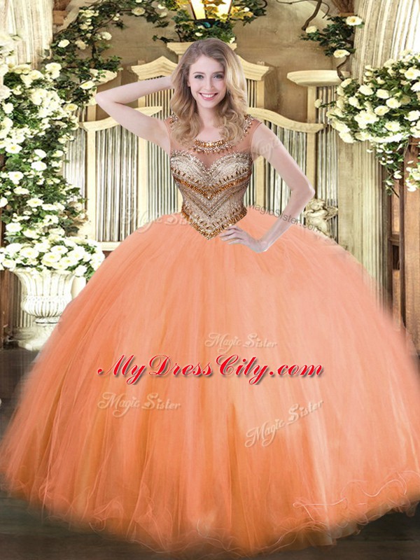 Floor Length Lace Up Quinceanera Dresses Orange Red for Sweet 16 and Quinceanera with Beading