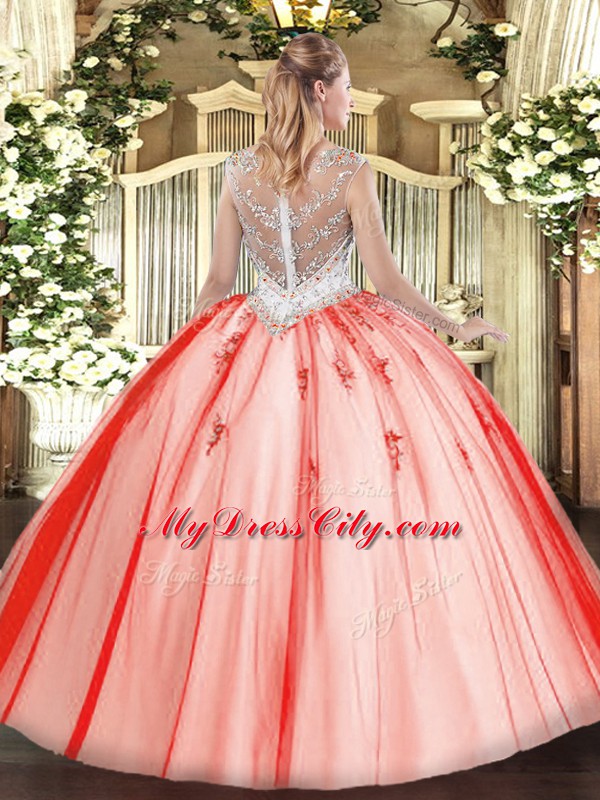 Colorful Scoop Sleeveless Quinceanera Gown Floor Length Beading and Appliques Coral Red Tulle