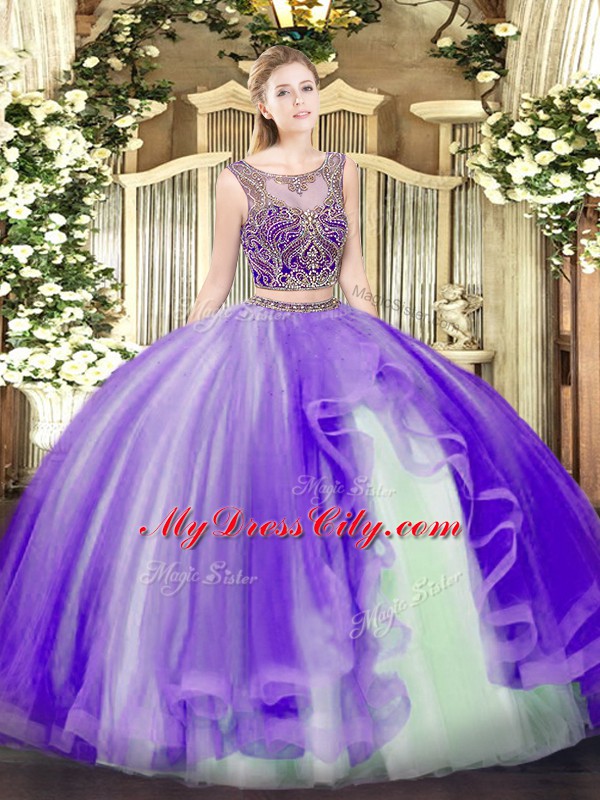 Super Two Pieces Vestidos de Quinceanera Lavender Scoop Tulle Sleeveless Floor Length Lace Up