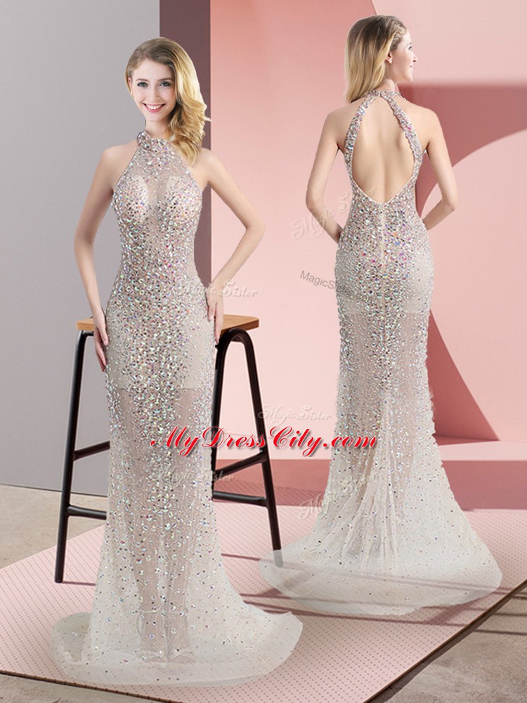 Smart Tulle Halter Top Sleeveless Sweep Train Backless Beading Dress for Prom in Champagne