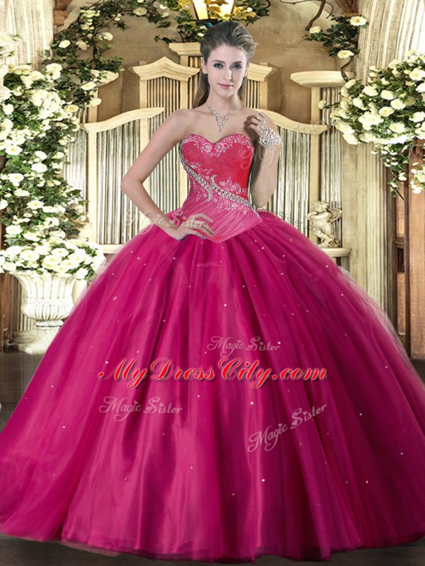 Chic Sleeveless Floor Length Beading Lace Up Ball Gown Prom Dress with Fuchsia