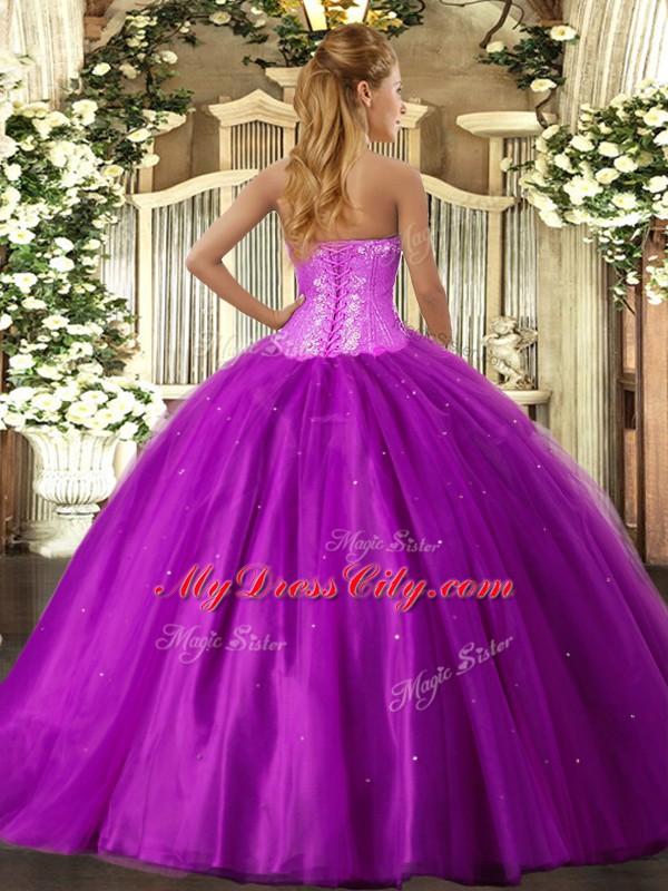 Chic Sleeveless Floor Length Beading Lace Up Ball Gown Prom Dress with Fuchsia