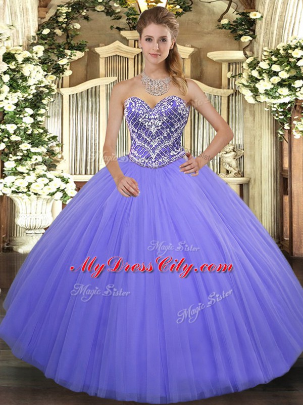 Lilac Ball Gowns Sweetheart Sleeveless Tulle Floor Length Lace Up Ruffles 15 Quinceanera Dress