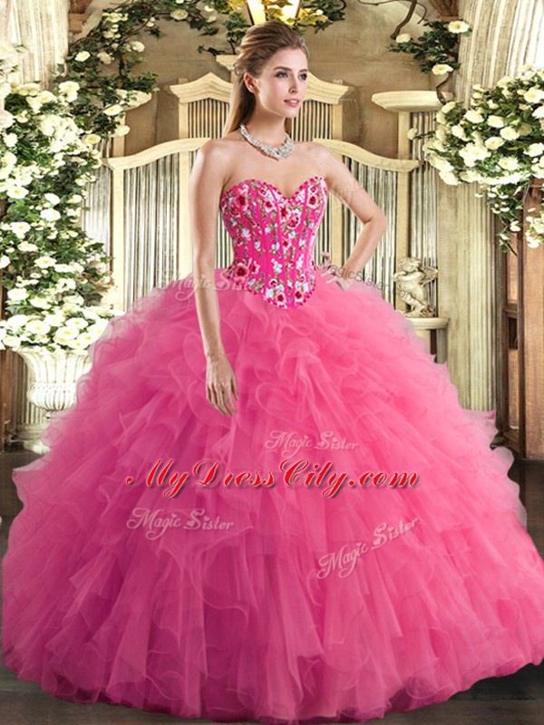 Customized Hot Pink Sleeveless Embroidery and Ruffles Quinceanera Dress