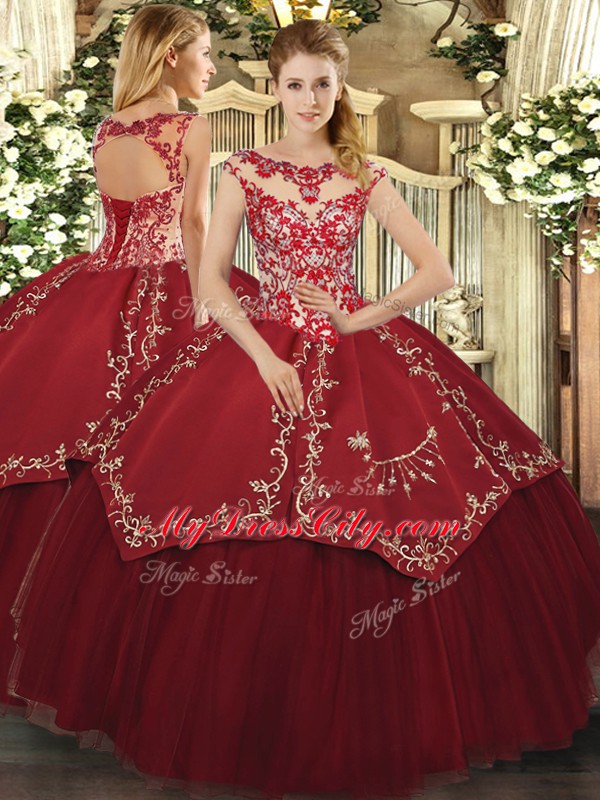 Custom Design Beading and Appliques and Embroidery Quinceanera Gown Wine Red Lace Up Cap Sleeves Floor Length