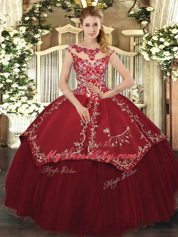 Custom Design Beading and Appliques and Embroidery Quinceanera Gown Wine Red Lace Up Cap Sleeves Floor Length